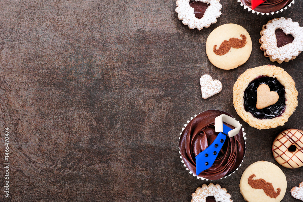 Poster fathers day themed baking side border with an assortment of cookies and sweet treats. top down view 