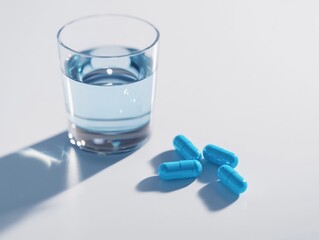 Hydration and Medication: Close-Up of Blue Capsules Next to a Glass of Water on a White Surface