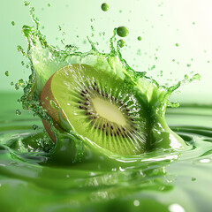 Fresh green kiwi fruit slice drops into clear water with a juicy splash and bubbles