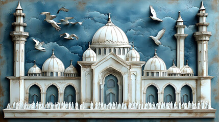 Fototapeta premium A majestic mosque, paper-cut style, with many people gathered. Birds soar above in a serene scene