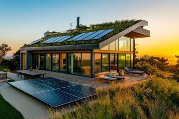 Fototapeta premium Modern sustainable home with rooftop garden and solar panels.