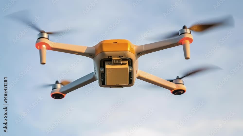 Poster Closeup of a drones propellers spinning as it ascends with a bright lightweight connector in tow set against a cloudless sky symbolizing innovation and engineering prowess.