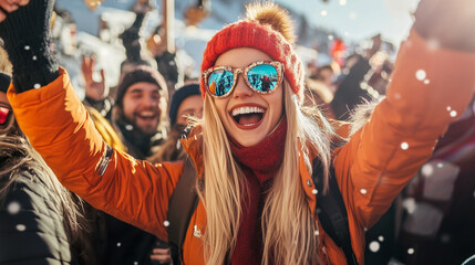 Cheerful woman celebrating après-ski, lifting arms with friends against snowy mountain landscape