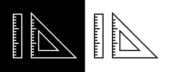 Ruler and triangular ruler icon. Designation of dimensions or dimensions. Measurement or drawing attribute. Mathematical or geometrical symbol. Web raster icon.