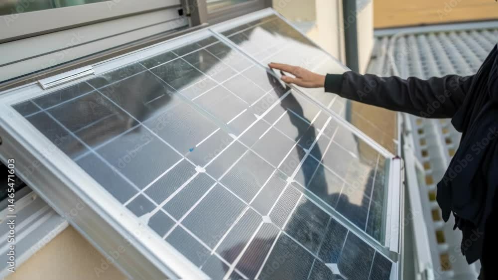 Poster Closeup of a hand touching a transparent solar panel demonstrating the tactile quality and the seamless integration into a buildings window emphasizing user interaction.