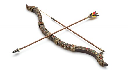 Antique bow and arrow set on white background highlighting traditional archery and historical equipment