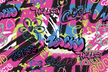 Graffiti Seamless pattern in grunge urban street wall art style with spray paint elements and slogans for girls sport textile, fashion clothes, backpacks, graphic tee t shirt. Flowers, letterings