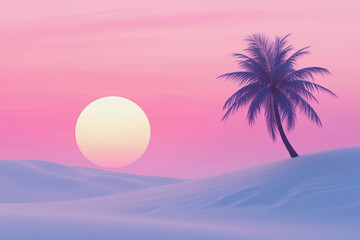 palm tree is standing in a desert with a pink and orange sky in the background. The sky is filled with a large sun, which is setting in the distance. The scene is serene and peaceful