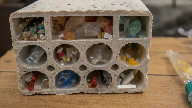 Closeup of an ecobrick made from plastic waste with a translucent exterior revealing the embedded materials exemplifying recycling in construction.