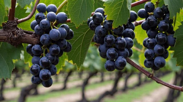 Dark Grapes Close-up Vine Ripe Winemaking Vineyard. Red wine