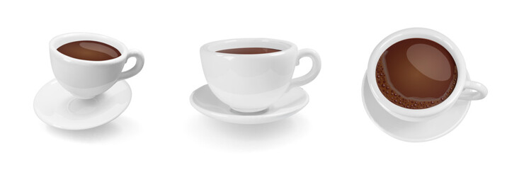 3d realistic espresso coffee in white cups top and side view. 3d espresso ceramic mug set. Realistic vector isolated on white