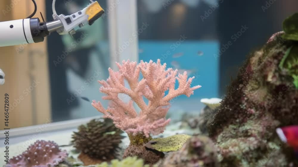 Poster Closeup of a robotic gripper extending towards a coral structure demonstrating dexterity and sensitivity with softtouch materials designed for delicate interactions.