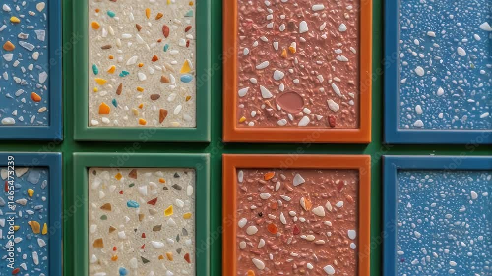 Fototapete Closeup of a series of small recycled glass shards embedded within a larger panel illustrating the playful use of texture and color that brings a dynamic quality to the overall