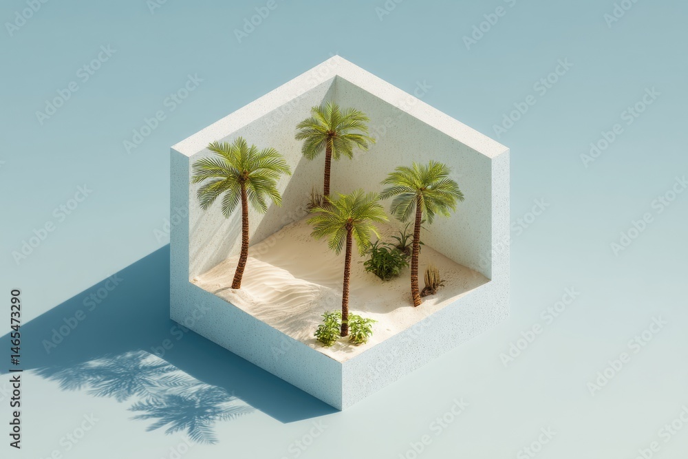 Poster Minimal Desert Oasis Featuring Tiny Palm Trees With Clean Aesthetics and Serene Environment Generative AI