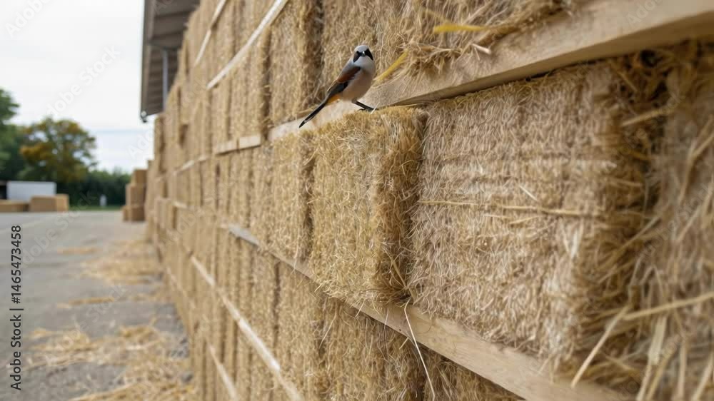Aufkleber Closeup of a stack of compressed straw bales exhibiting their rustic natural fibers and straw patterns used for insulation in ecofriendly building projects.