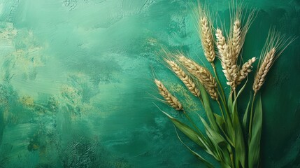 Obraz premium Golden wheat ears atop a teal textured surface.