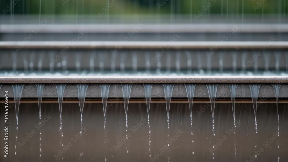 Poster Closeup of a textured rainscreen in motion with clever drainage systems visibly at work as water trickles off its surface into a collection channel below.