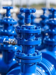 Close-up of vibrant blue industrial valves with threaded fasteners