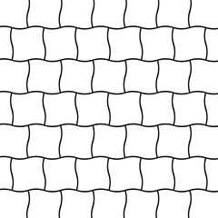 Minimalist black and white repeating pattern of interlocking wavy rectangles in a symmetrical grid. Abstract geometric design with vertical orientation, even lighting, and clean lines. 