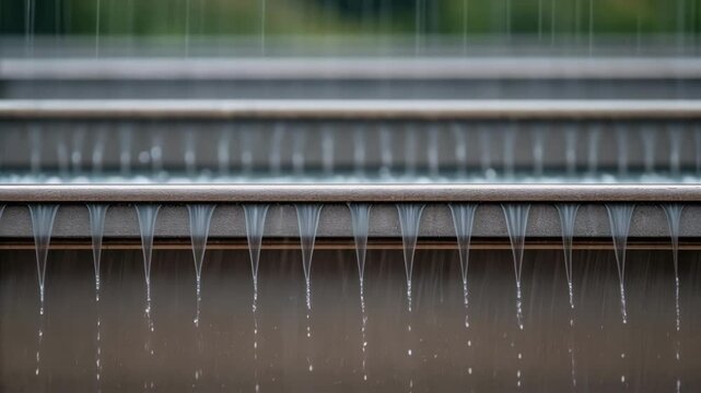 Closeup of a textured rainscreen in motion with clever drainage systems visibly at work as water trickles off its surface into a collection channel below.