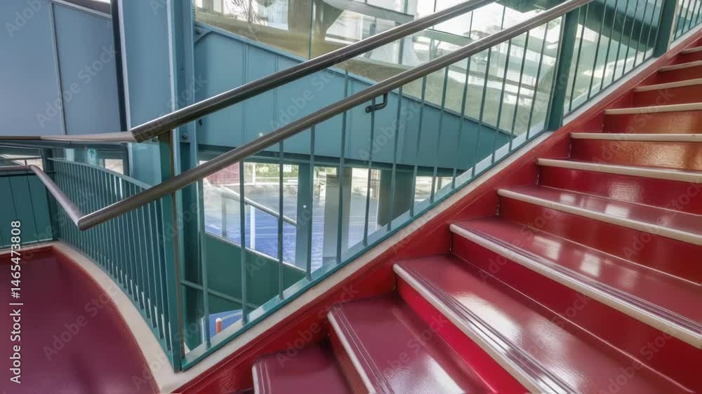 Poster Closeup of a vibrantcolored prefabricated staircase emphasizing the bold finish and glossy surface with light reflections creating a dynamic visual effect.