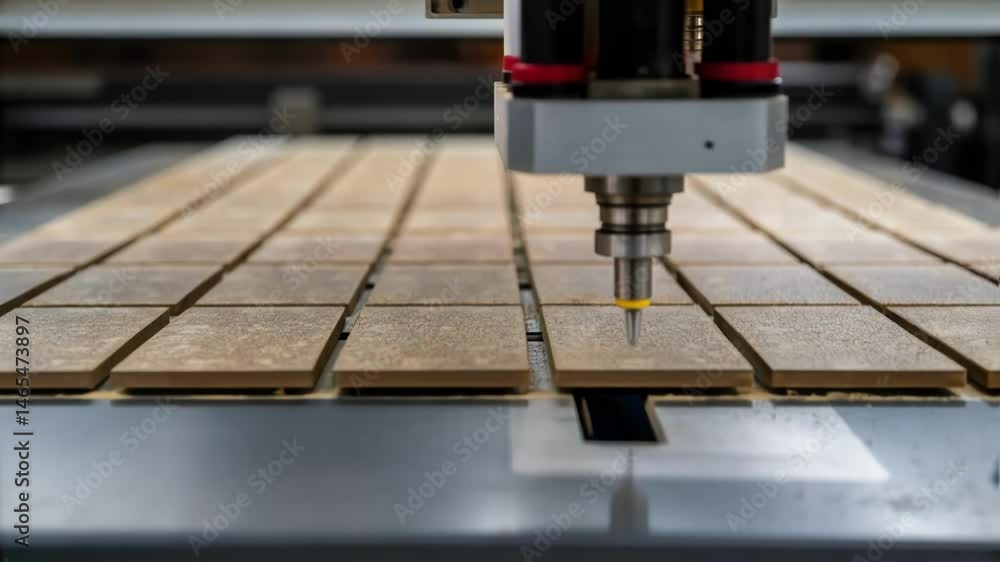 Aufkleber Closeup of a weathered tile layout on a work surface with the robotic installation arm hovering above preparing to place the next tile in an organized pattern.