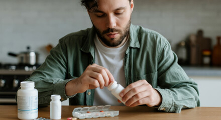 Young caucasian male organizing medication in pill box at home