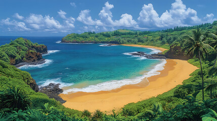 Secluded golden beach nestled within lush tropical landscape, turquoise water, and dramatic cliffs