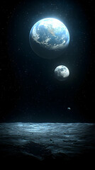 Two celestial bodies, Earth and Moon, above a lunar landscape