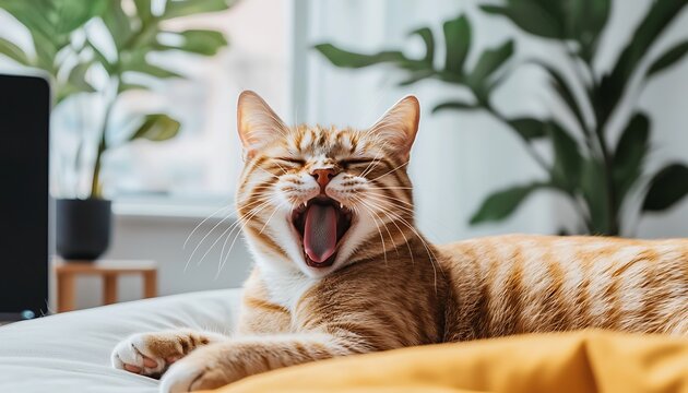 Orange tabby cat yawning on bed