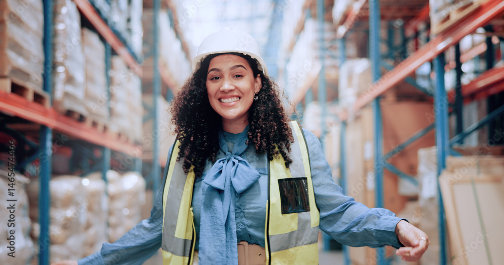 Poster warehouse, happy and portrait of woman in logistics inventory checking boxes, shelf and stock manage