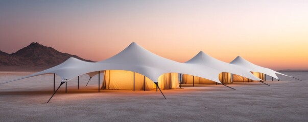 Desert Camp Tents at Sunset - Luxurious desert lodging with warm light., luxury, camping