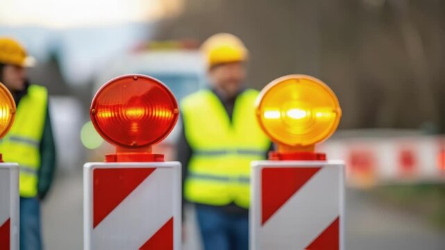 Closeup of the barriers safety warning lights pulsing gently in vivid amber and red creating a sense of urgency and caution amidst the ongoing roadwork with blurred silhouettes of