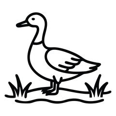 Fototapeta premium Outlined duck stands peacefully on small grassy mound in a minimal black and white sketch