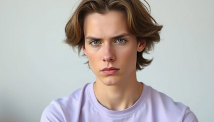 Fototapeta premium Striking close-up portrait of a contemplative young man with captivating blue eyes and tousled hair, evoking a sense of youthful introspection