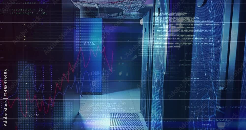 Poster rows of illuminated server racks displaying data, with flat design line graphs and scrolling code