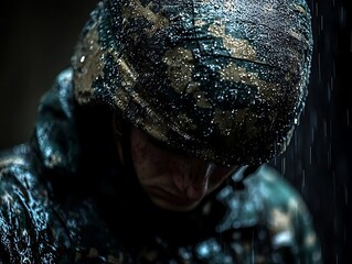 A soldier in camouflage gear, drenched in the rain, head bowed.