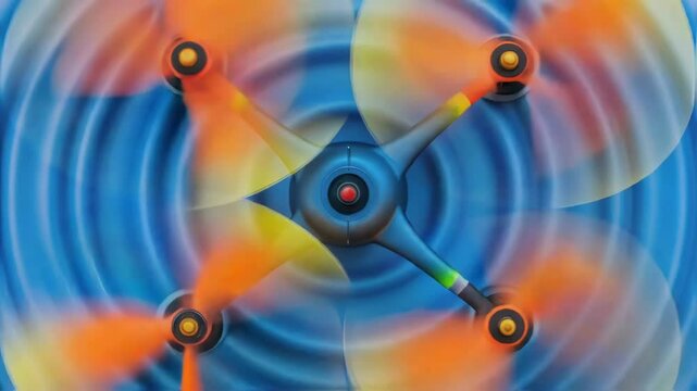 Detailed closeup of the drones propellers in action with thermal imaging showcasing the difference in temperature between the drone itself and surrounding cooler air.