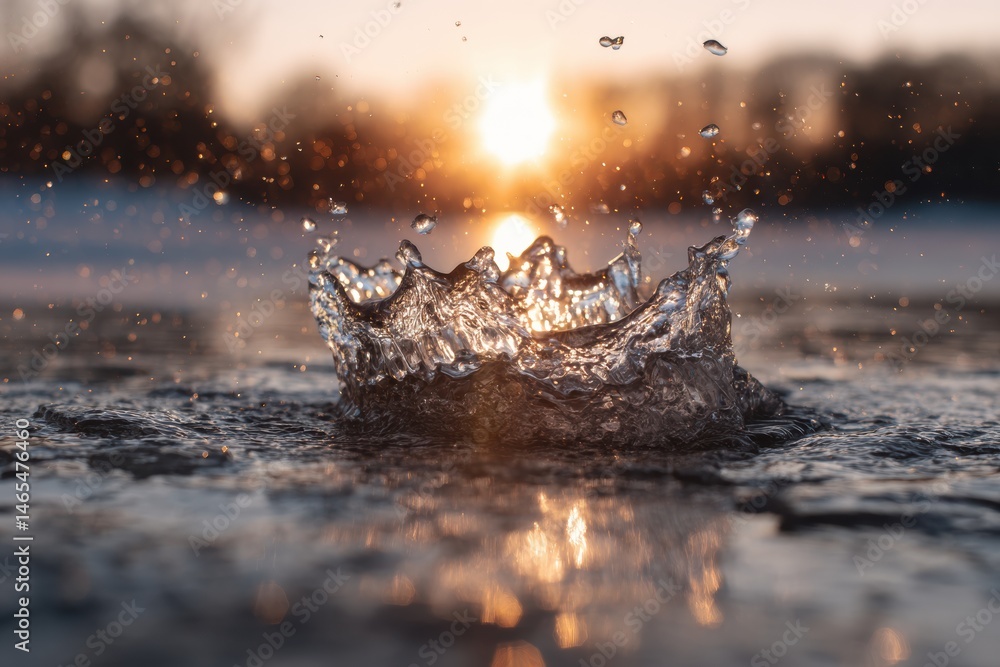Poster frozen water splash captured with sun burst creating a stunning natural display in the evening light