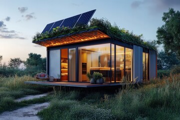 Modern tiny house design nestled in a grassy field at dusk.