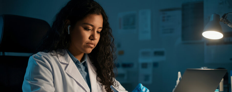 Focused hispanic female scientist conducting laboratory research at night