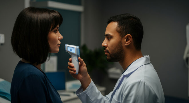 Male doctor using digital thermometer on female patient in medical clinic