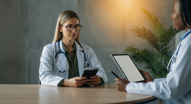 Female doctors discussing patient data with tablet in medical office