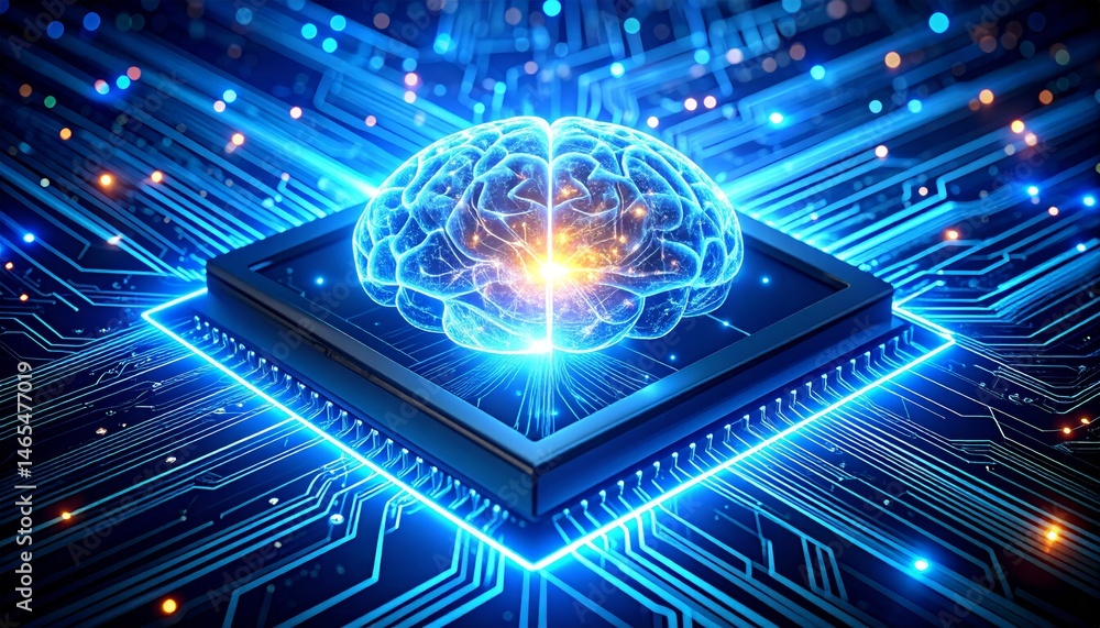 Poster digital illustration showcasing a glowing brain on a microchip, symbolizing advanced ai technology a
