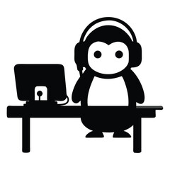 Fototapeta premium Penguin wearing headphones works diligently at a computer placed on a solid table