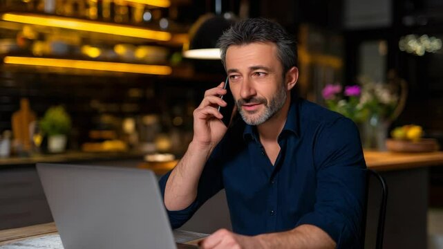 A man talking on a phone while working on a laptop in a modern workspace.