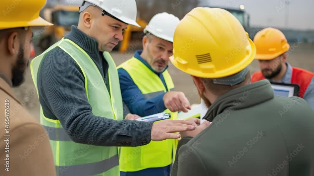 Poster Medium closeup of a construction team discussing vibration analytics with a focus on printed reports featuring graphs and data points surrounded by tools and equipment.