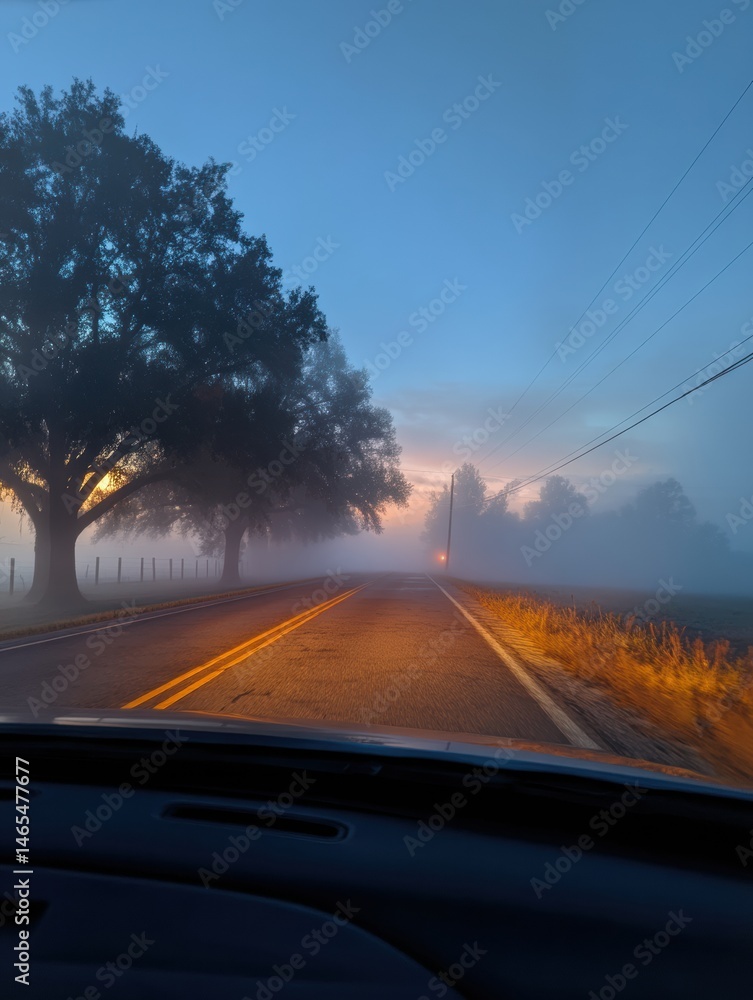 Aufkleber foggy dawn drive along a winding road with silhouettes of trees in the distance generative ai