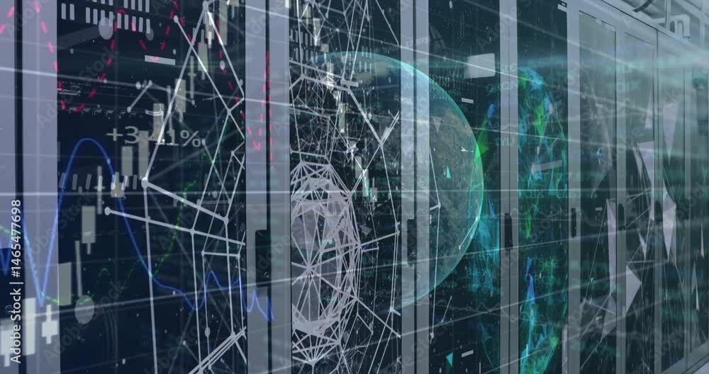 Aufkleber glass-fronted server racks streaming 3d globe, network nodes and chart overlays along corridor