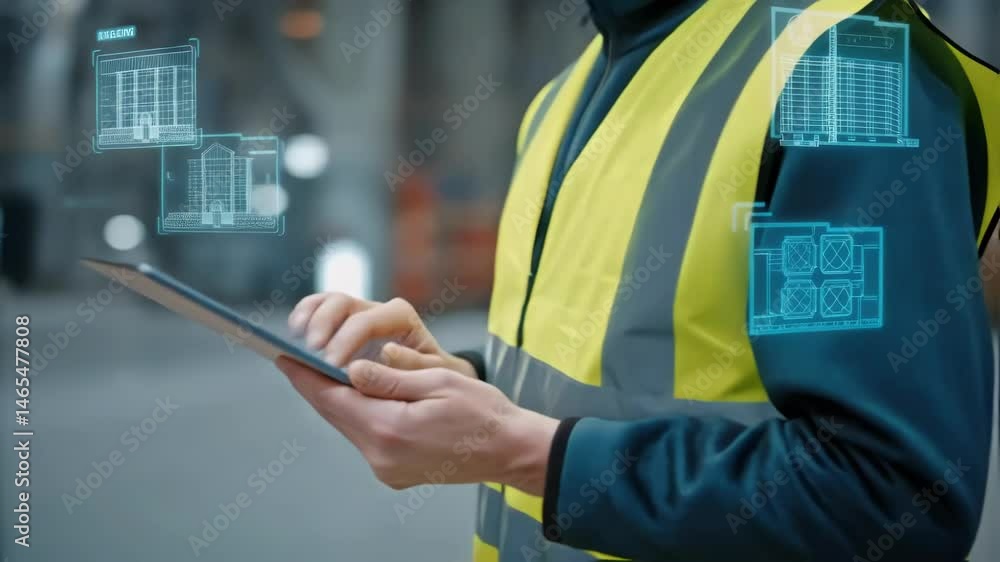 Poster Medium closeup of a control interface displaying realtime data feeds of the construction process with holographic projections of building schematics floating above amidst robotic